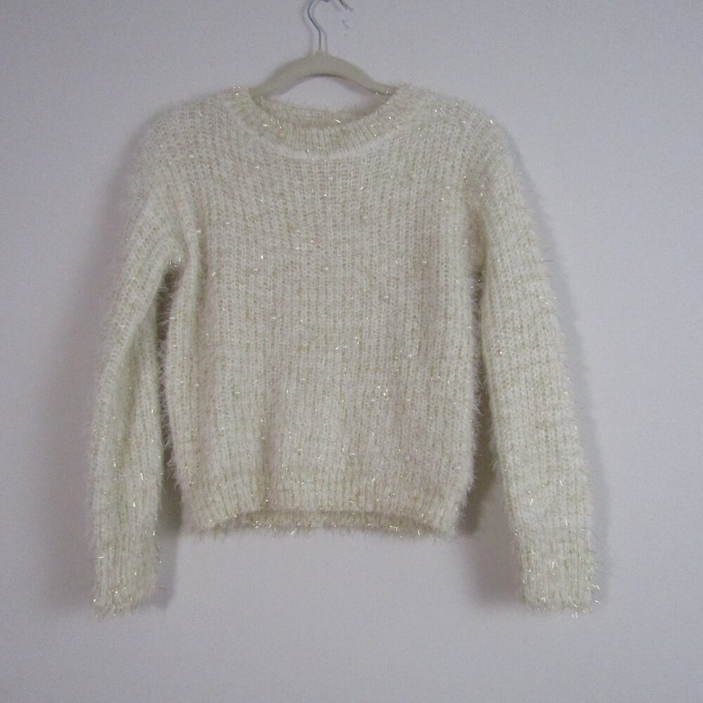 Papaya Pullover Sweater Eyelash Knit M/L Gold Pearl Embellished Cozy